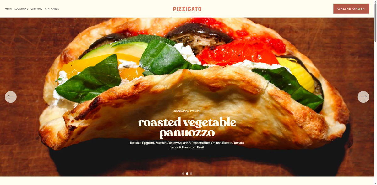 Screenshot of PIZZICATO, from the pizza place websites collection.