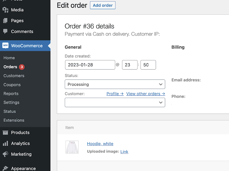 Order processing from admin dashboard