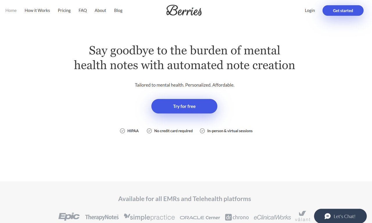 Screenshot of Berries's website landing page, an AI scribe