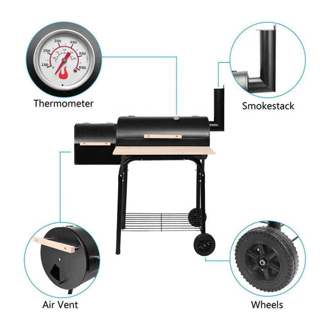 45" steel portable backyard charcoal BBQ grill and offset smoker combo with wheels