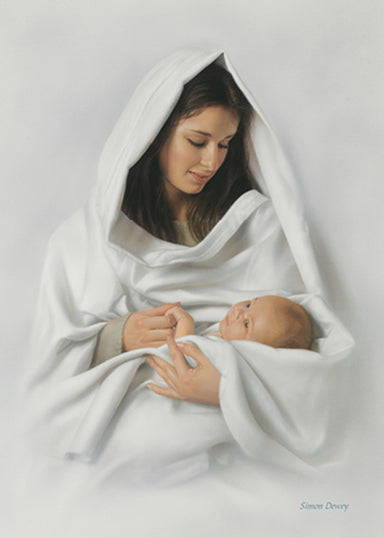 Mary wearing a white robe and holding  baby Jesus. 