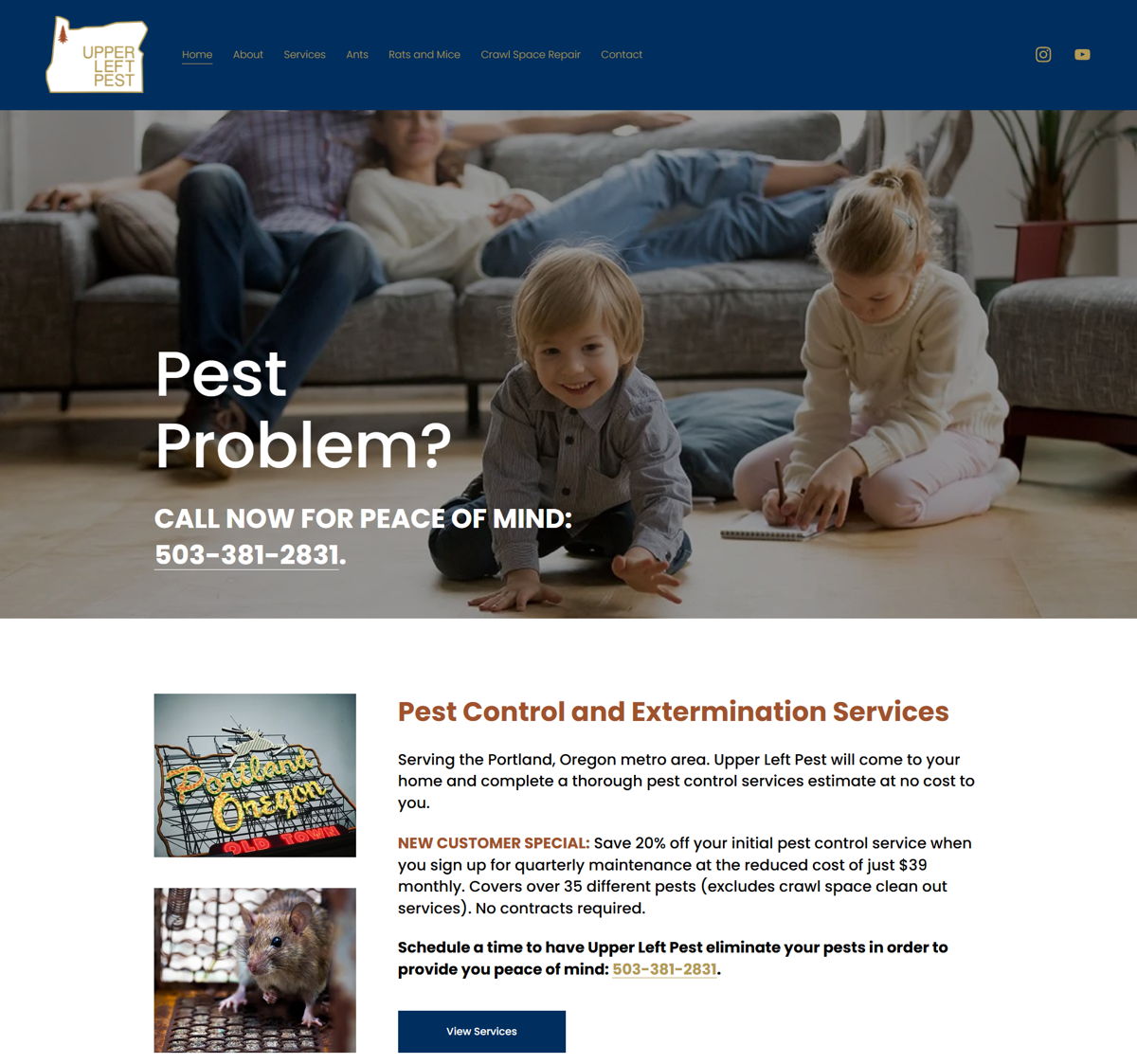 Screenshot of Upper Left Pest, from the pest control websites collection.