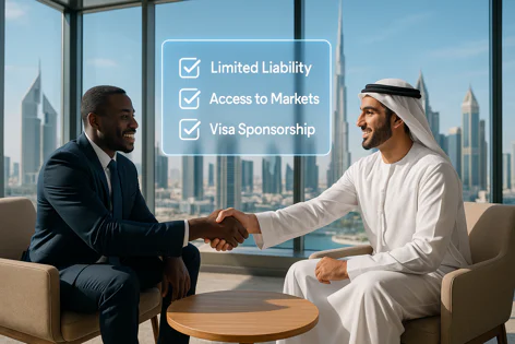 Two businessmen, one in a suit and one in traditional attire, shake hands in an office with a Dubai skyline view. A graphic lists Limited Liability, Access to Markets, and Visa Sponsorship.