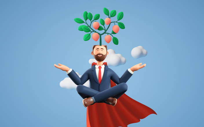 A business man sitting cross-legged with a tree sprouting out of his head, wearing a cape and floating in the clouds for Confetti's Virtual Leadership Workshop