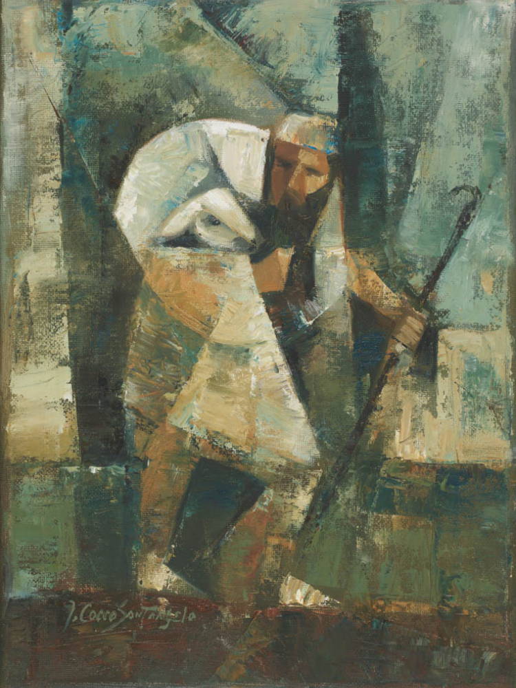 A geometric painting a shepherd carrying a lamb on his back