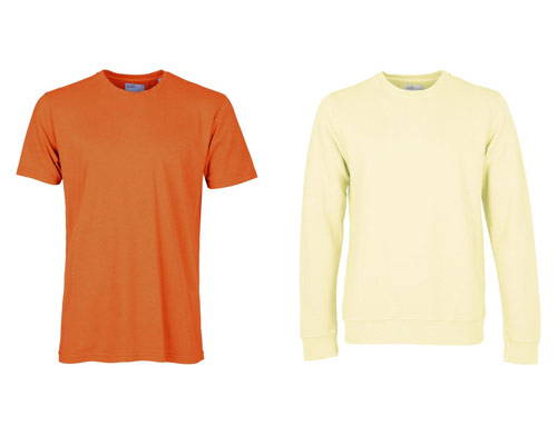 Bright orange organic cotton short sleeve t-shirt and bright neon yellow organic cotton sweatshirt from sustainable basics brand Colorful Standard