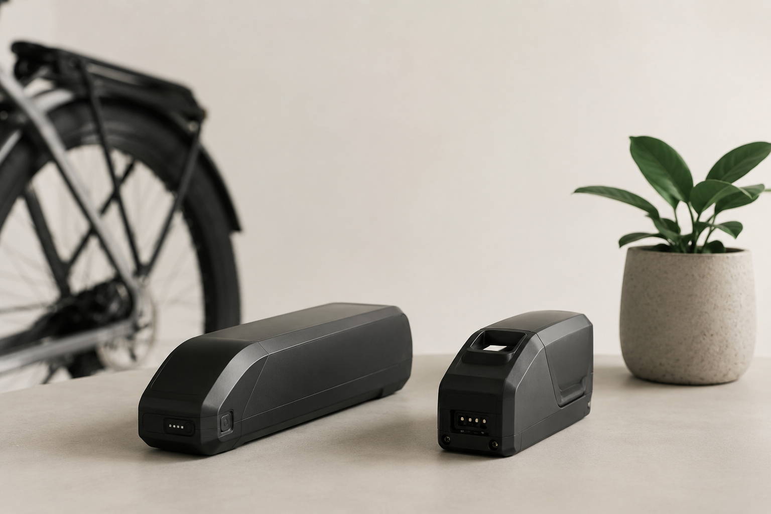 Twee zwarte e-bikeaccu’s op een lichte ondergrond, met op de achtergrond een elektrische fiets en rechts een groene kamerplant.