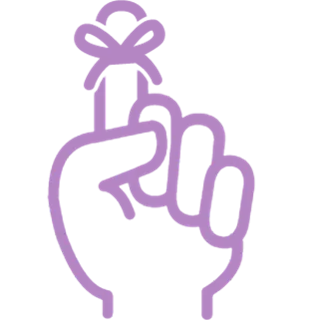 A hand with pink outline holding a tiny wrapped gift, index finger crossed over to touch the ribbon.