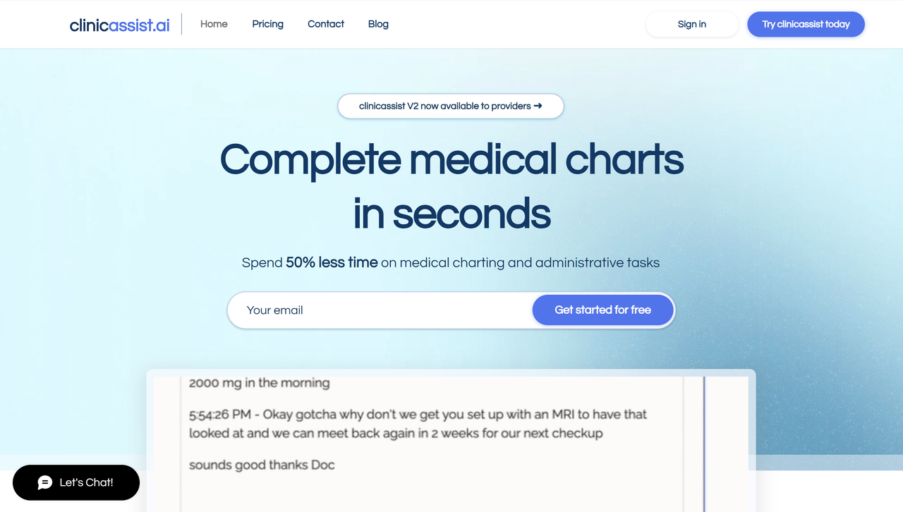 Screenshot of Clinicassist's website landing page, an AI scribe