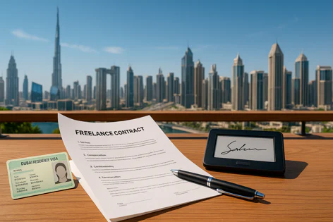 A freelance contract, pen, digital signature pad, and Dubai residence visa card on a table with the Dubai skyline and Burj Khalifa in the background.