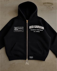 GEOGARVANI Technical Streetwear Zip Hoodie — Core Black