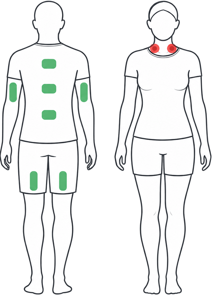 Body diagram showing common TENS pad placement areas on the back, neck, arms, and legs, with guidance for safe use.