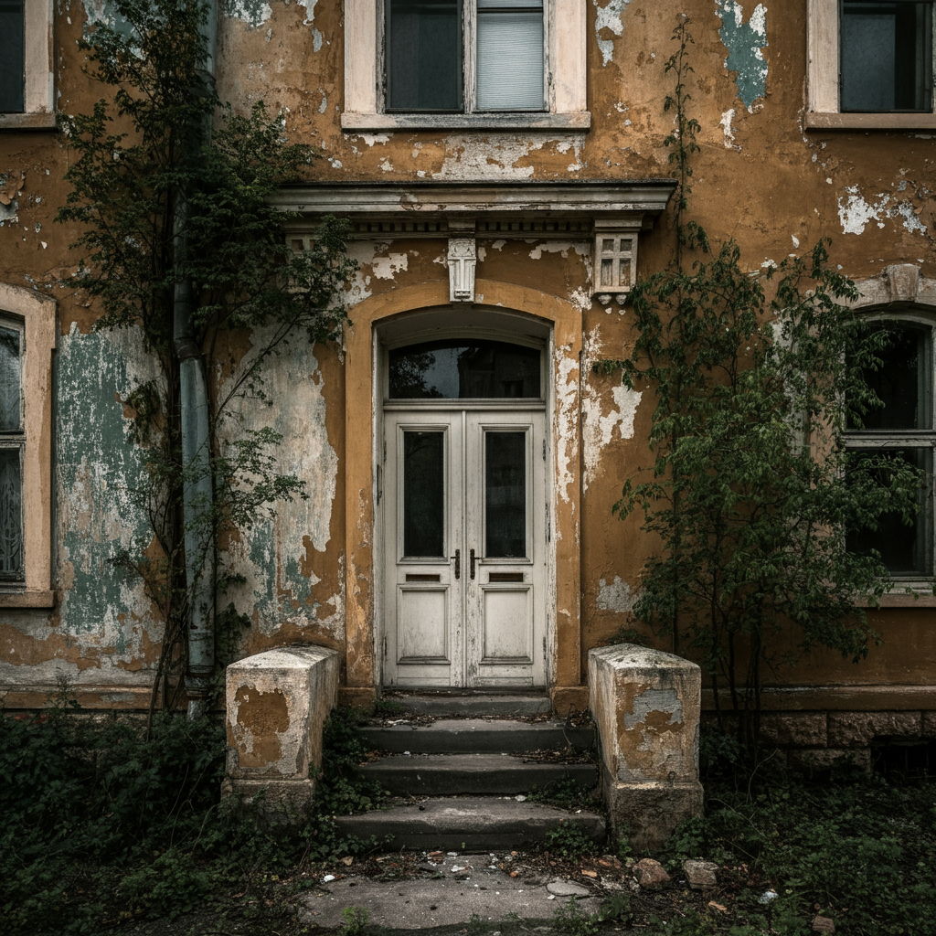 A photographic style image of A neglected historic property's exterior showing deferred maintenance, with peeling paint and overgrown landscaping, illustrating the importance of proper property marketing and presentation. high focus, sharp, lots of bright light, extra bright, highly detailed, high quality, dslr, film grain, fujifilm XT3, RAW photo, RAW candid cinema, color graded porta 400, depth of field, hyper realistic, natural-looking, expressive, textured skin, texture, 8k, photorealistic