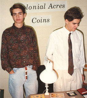 vintage photo of Todd Sandham and Cameron Bevers at their first local coin show booth