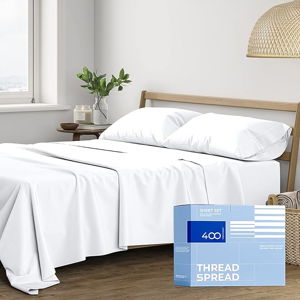 THREAD SPREAD King Size Cotton Sheets Set - 400 Thread Count 4 PC 100% Cotton Sheets for King Bed, 16 in Deep Pocket King Size Cotton Sheets Set for Hot Sleepers, Luxury Hotel Cooling Sheets (White)