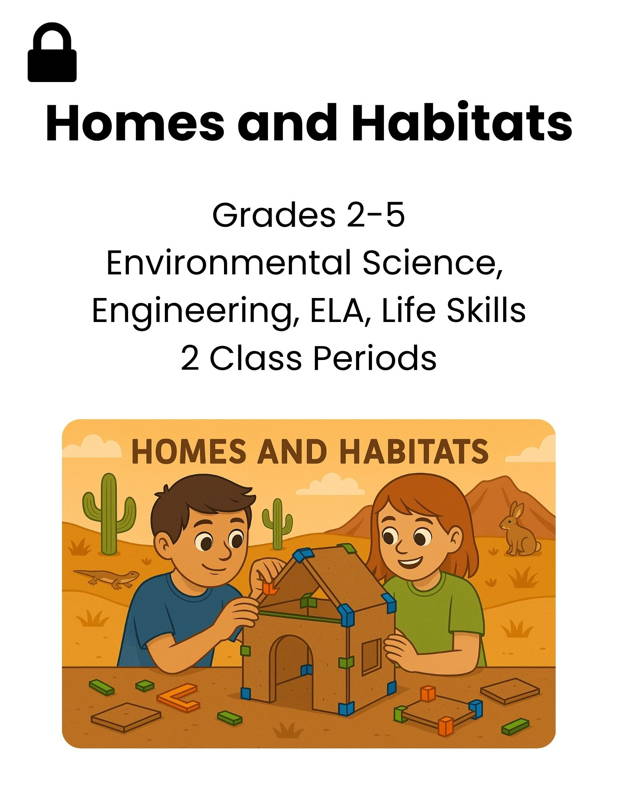 Two students building a desert-themed cardboard house model with 3DuxDesign connectors for a Homes and Habitats project exploring environments engineering and ELA for grades 2–5.