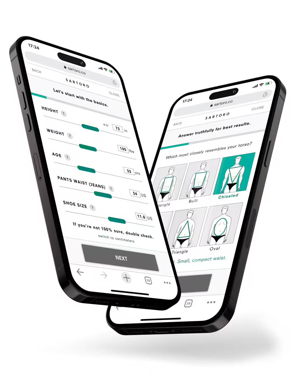 two phones showing Digital Tailor measurement app