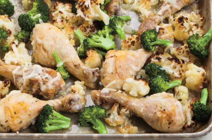 Poulet, chou-fleur et brocoli au cheddar
