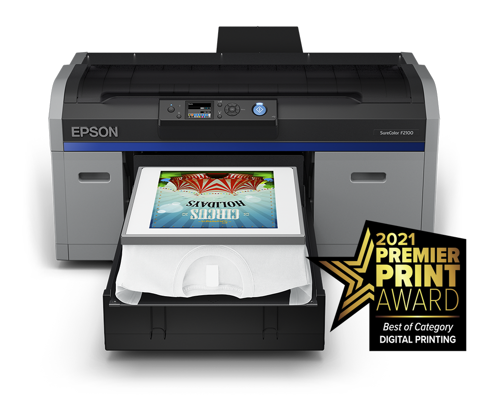 Epson SureColor F2100 Direct to Garment Printer Front View with a Printed on the White T-Shirt