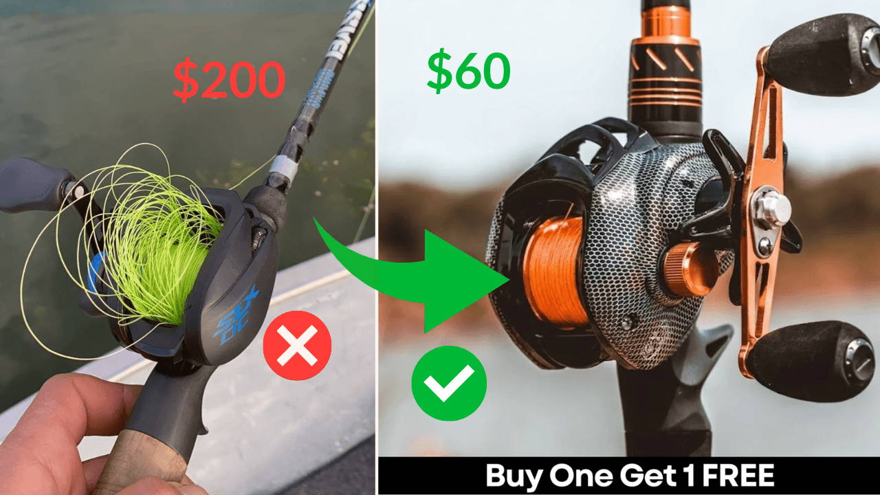 A $200 reel with a bird's nest next to the Obalus Cobra Strike with a clean spool
