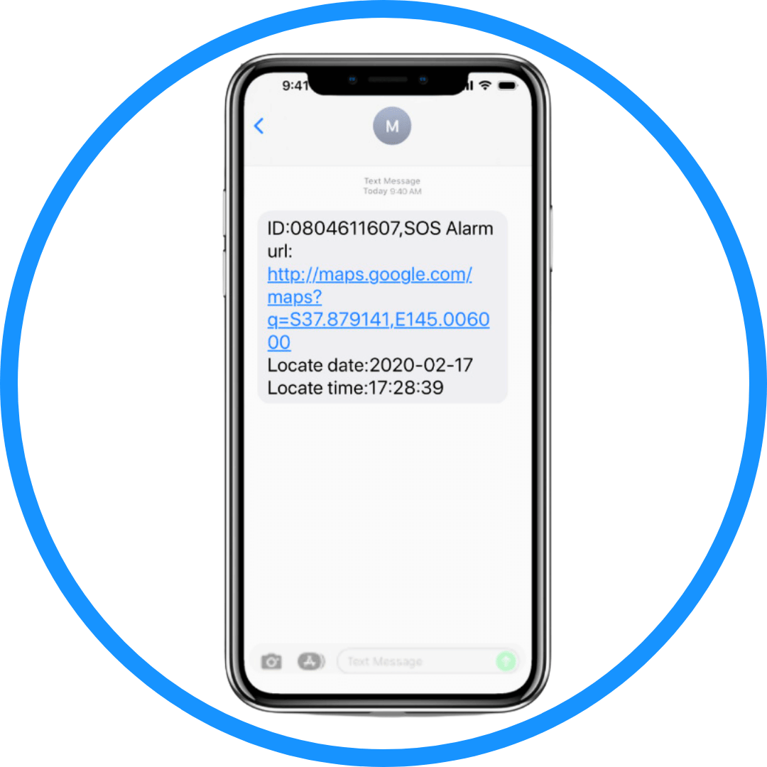 Mobile phone displaying an SMS and mobile app notification with the SOS alert and real-time GPS tracking location from the MindMe Pro SM 4G SOS GPS pendant, received by emergency contacts when the SOS button is pressed.