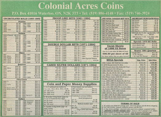 1990s Colonial Acres Coins price list