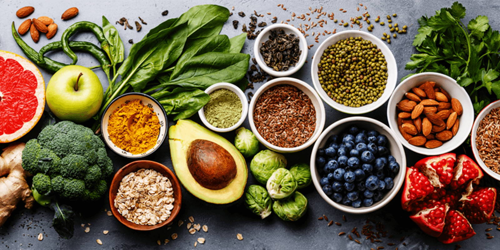 Fruits and vegetables on a table.