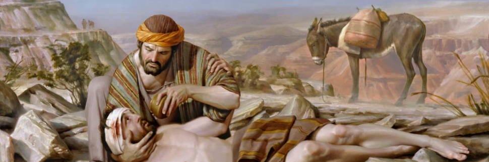 Painting of the Good Samaritan giving the robbed man a drink of water. A donkey standing in the desert background.