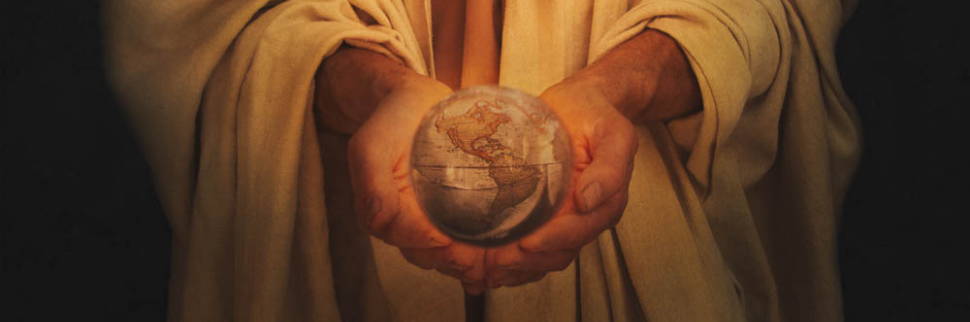 Banner image of Jesus' hands holding a small globe.