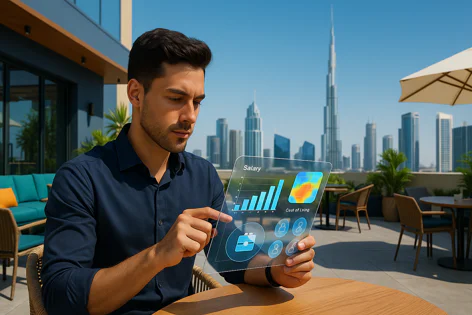 A man analyzes salary and cost of living data on a transparent tablet with the Dubai skyline including Burj Khalifa in the background.