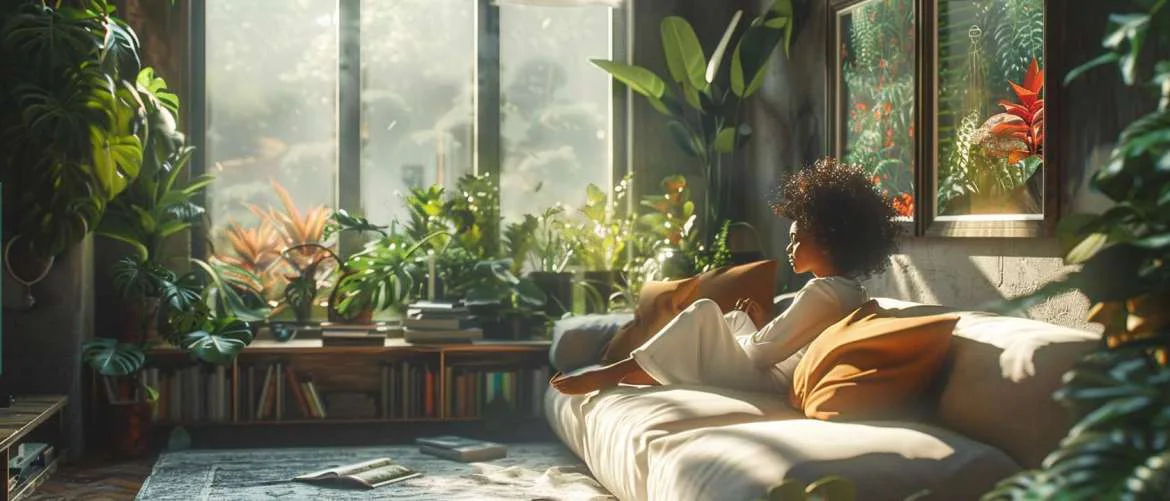 A nurse relaxes in her bright, plant-filled modern living room