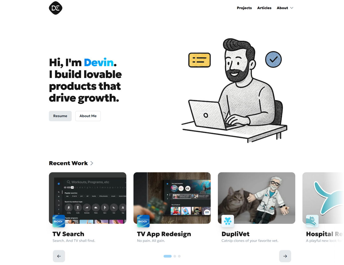 Screenshot of Devin Elston, from the product manager portfolios collection.