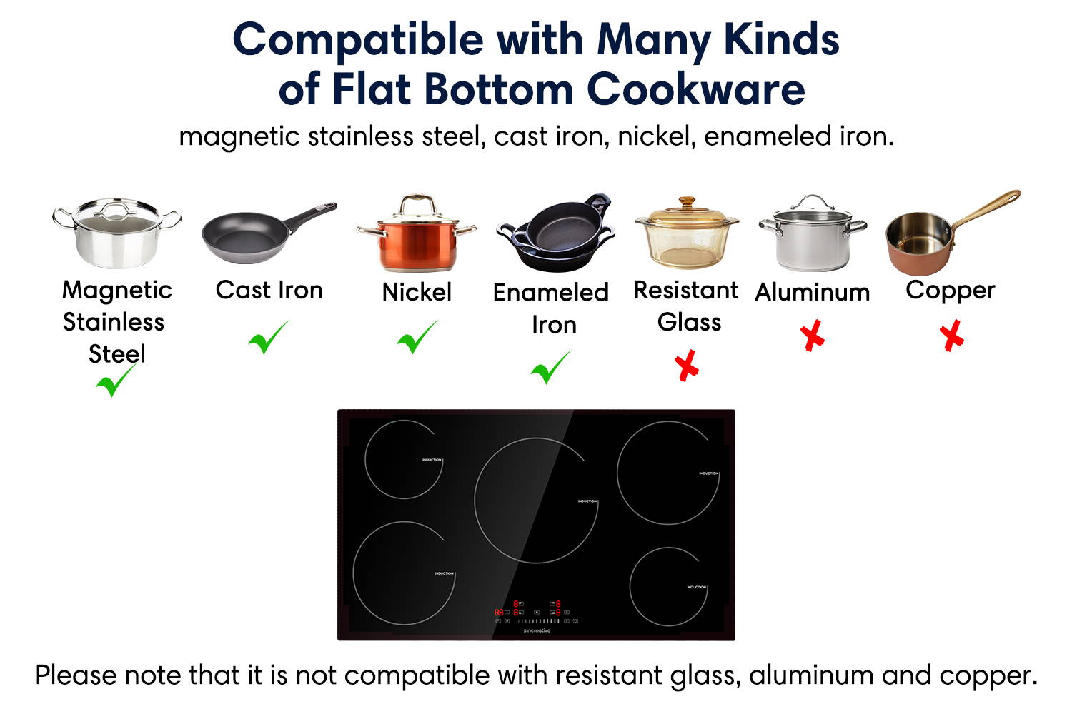 Compatible with Many Kinds of Flat Bottom Cookware magnetic stainless steel, cast iron, nickel, enameled iron. Please note compatible with resistant glass, aluminum and copper.