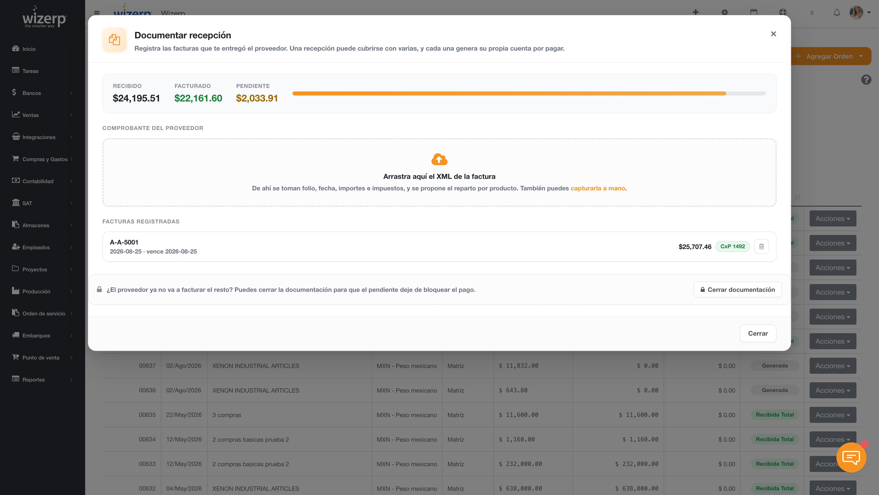 Avance de la documentaci&oacute;n despu&eacute;s de registrar la primera factura, con la lista de facturas registradas
