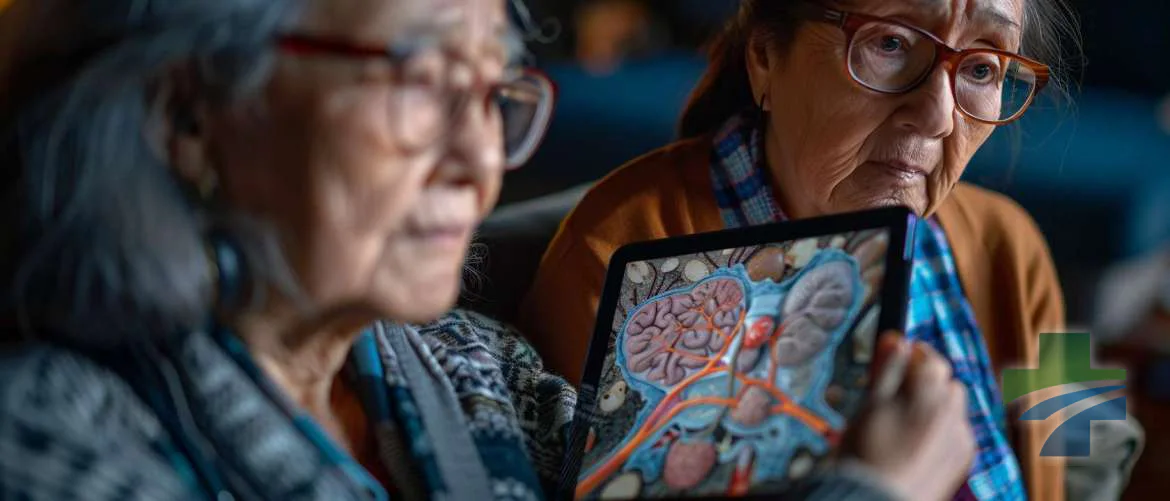 Elderly woman learning about surgery through AR on a tablet