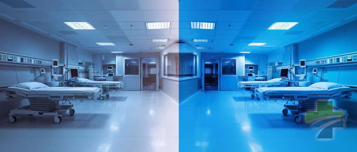 Contrast between traditional and sustainable hospital rooms.