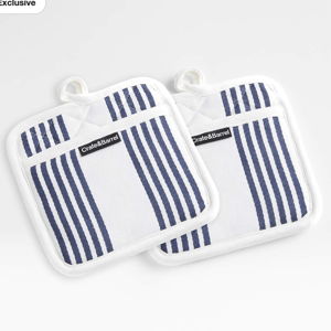 Cuisine Stripe Black Organic Cotton Pot Holders, Set of 2 in Indigo | Crate & Barrel