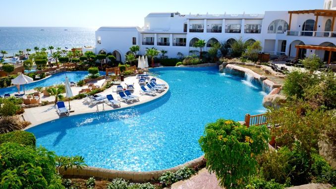 The beach with swimming pools at luxury hotel, Sharm el Sheikh, Egypt
