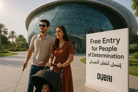 A family with a visually impaired father pushing a stroller walks past a sign offering free entry for people of determination at a modern glass building in Dubai.