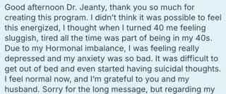 Note of gratitude to Dr. Jeanty about a difficult health journey; mentions hormonal imbalance, depression, anxiety, suicidal