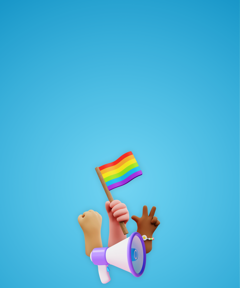 Cartoon hands holding a Pride flag and megaphone (small)