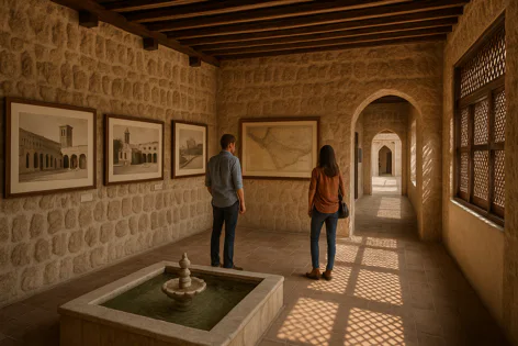 Two people view historical maps and sketches of buildings on a stone wall in a sunlit gallery with a fountain.