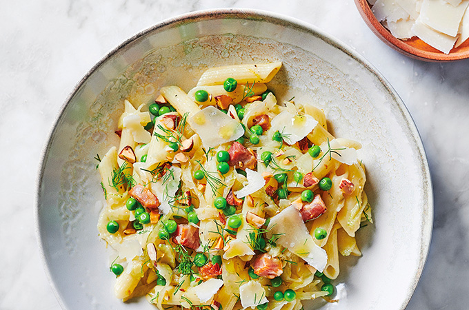 Penne with Pancetta, Peas and Almonds