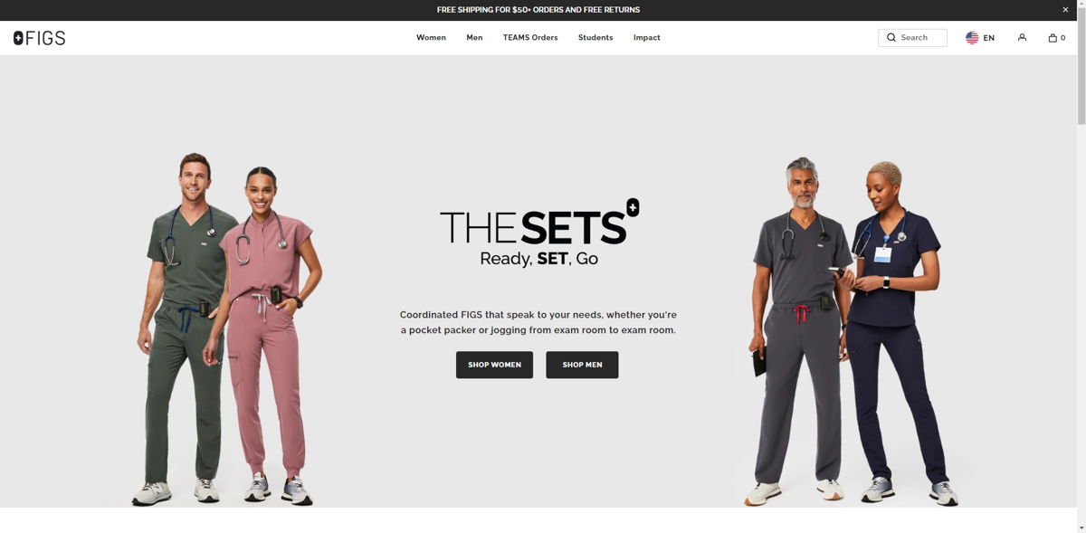 Screenshot of FIGS, from the shopify clothing stores collection.