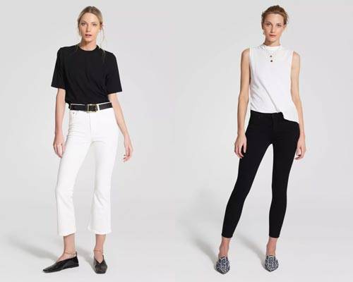 Woman wearing white skinny fit high waisted jeans with  black belt and black oversized tee tucked in and woman wearing black super skinny stretch jeans with white sleeveless top from sustainable denim brand Nobody Denim