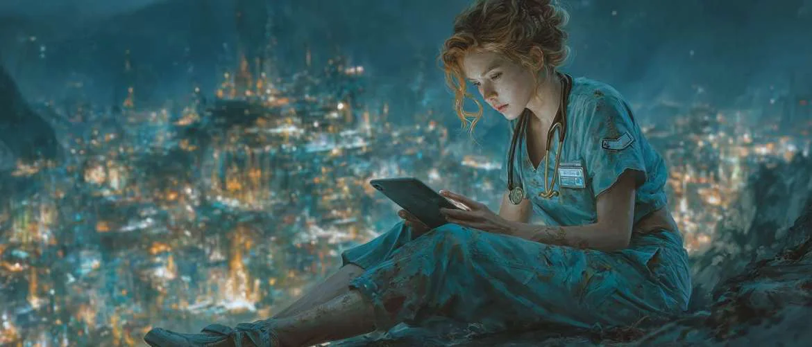 Healthcare worker using futuristic app for housing in new city.
