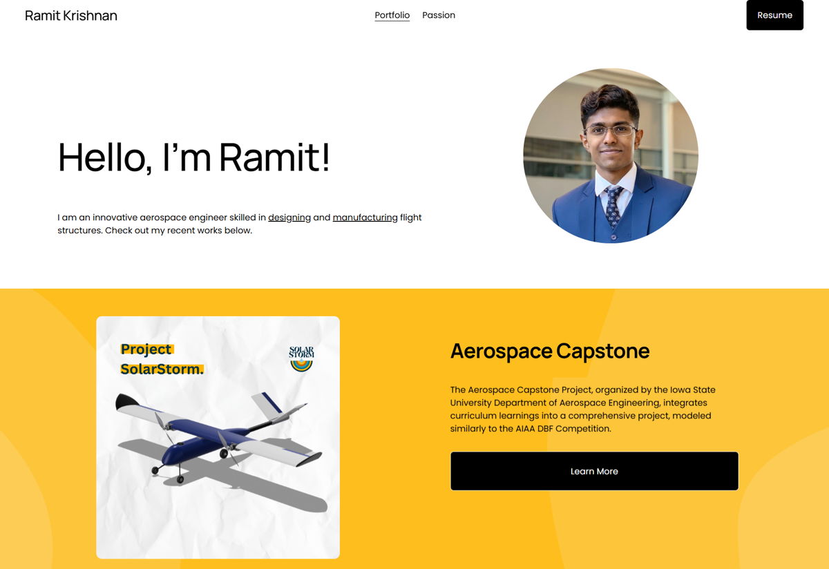 Screenshot of Ramit Krishnan, from the engineer portfolios collection.