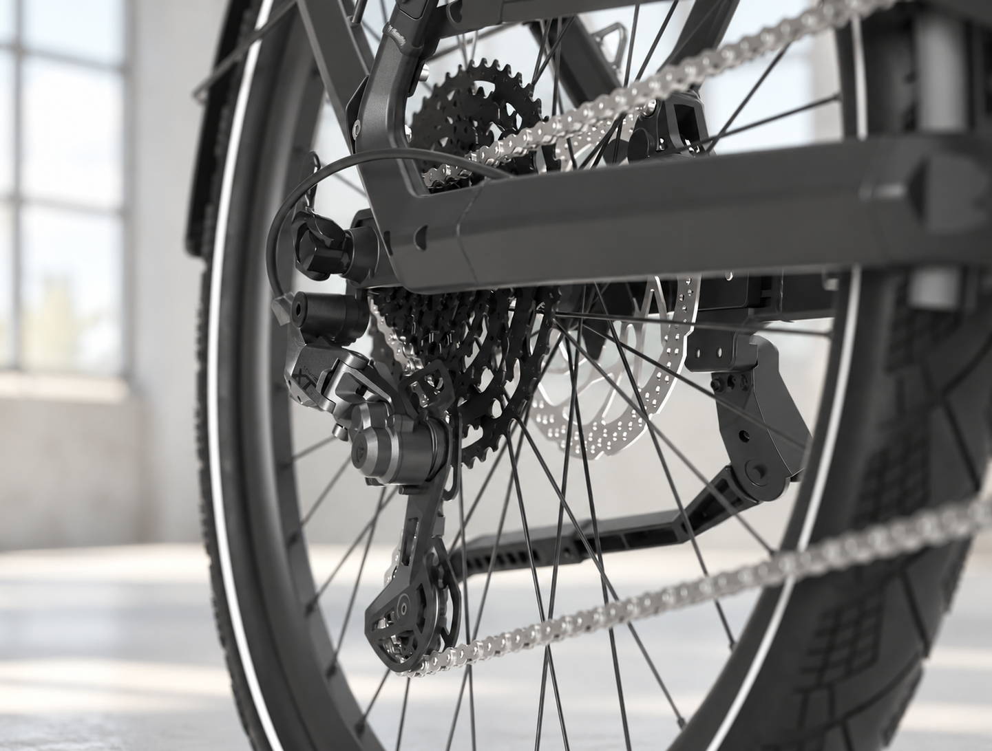 Dérailleur arrière d'un vélo électrique avec chaîne et cassette devant un mur clair