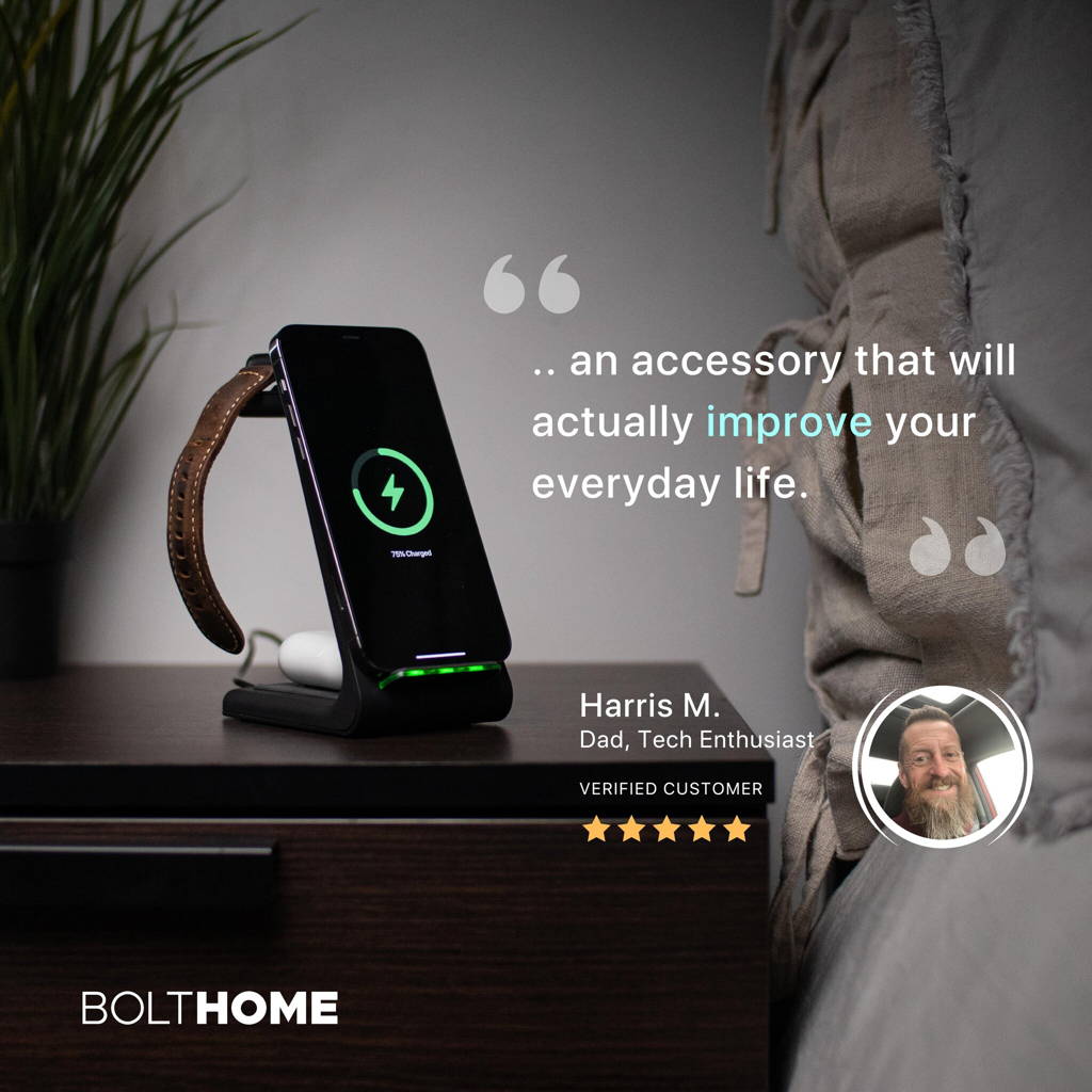 bolthome on bedside nightstand with customer review