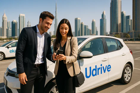 Smiling man and woman using a mobile phone next to a white Udrive car, with the Dubai skyline and Burj Khalifa visible in the background.
